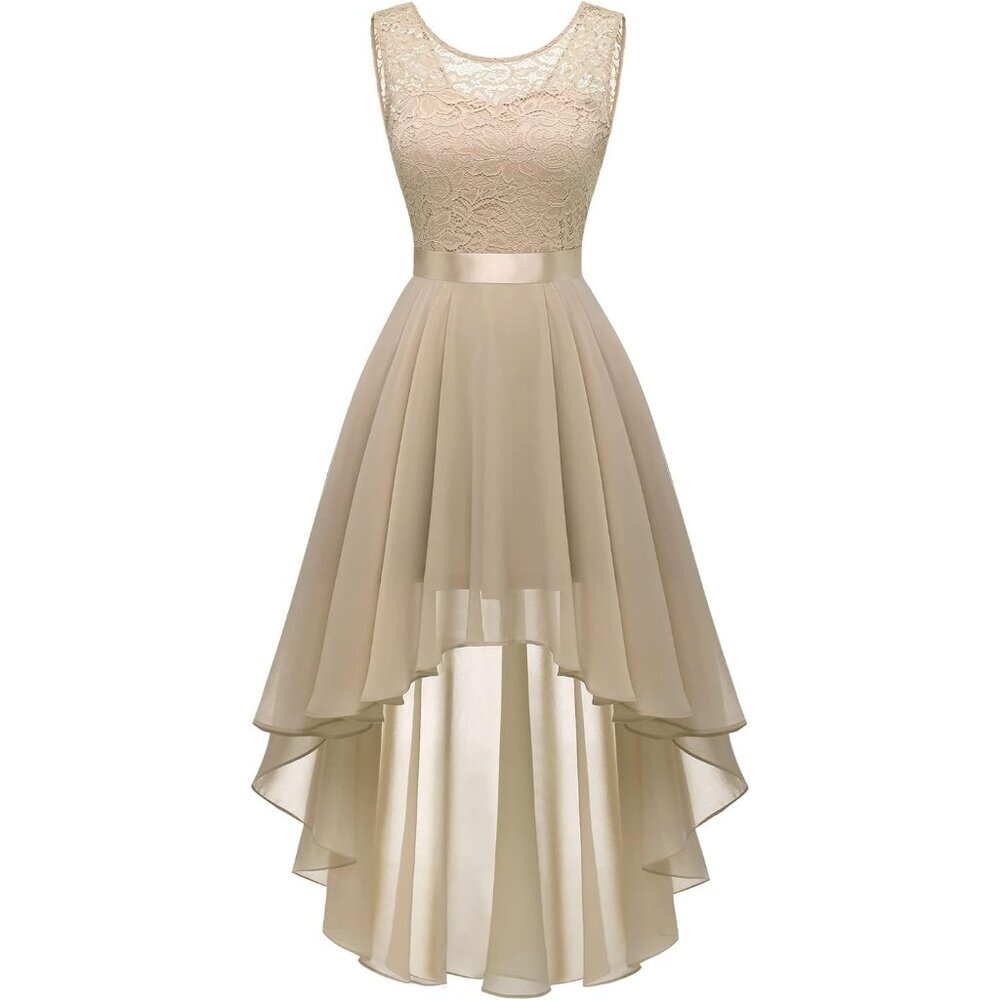Berylove Women Champagne Chiffon Scoop Neck Sleeveless Lace Cocktail Dress